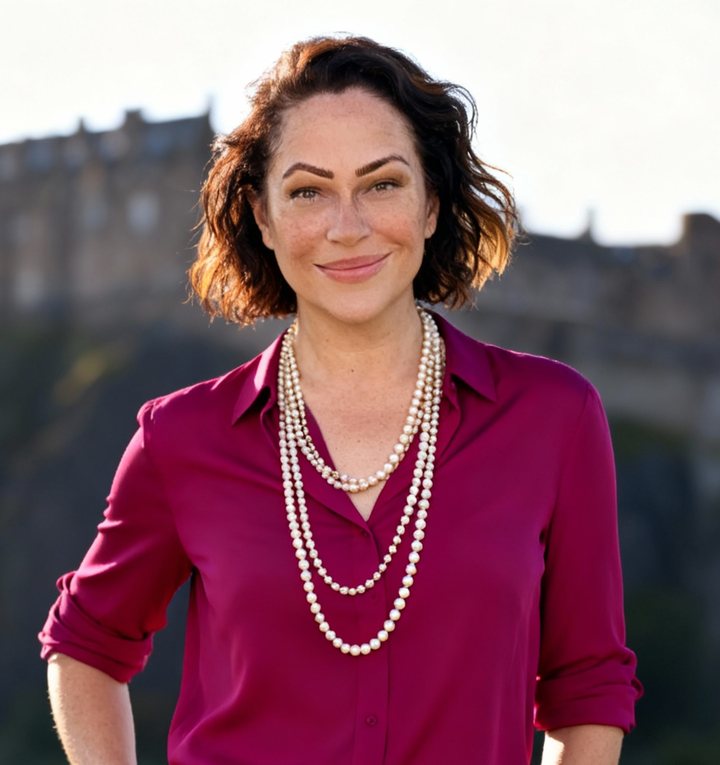 Anita, founder of She2She Media, smiling in a magenta blouse with a castle behind her