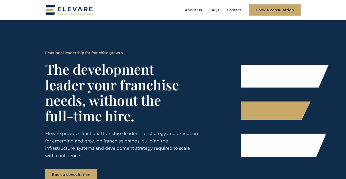 A preview of the new Elevare Franchise Solutions website homepage